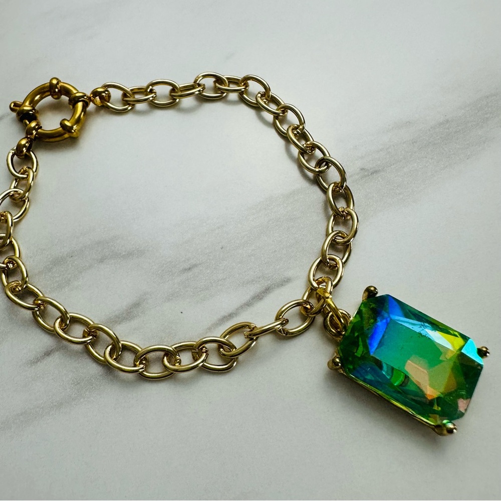 Handcrafted Gold Tone Bracelet w/ Iridescent Gemstone Pendant | 7” - Picture 9 of 13